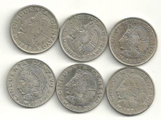 NICE LOT 6 MEXICO 50 CENTAVOS (SNAKE) 1964,1​968,1970,1971,​1980 