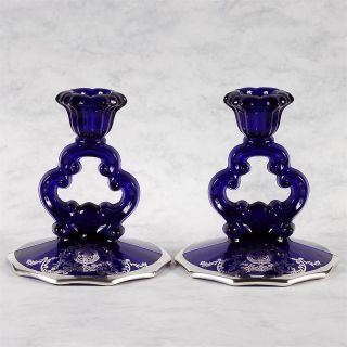 PAIR OF COBALT BLUE WITH SILVER OVERLAY CANDLE STICKS