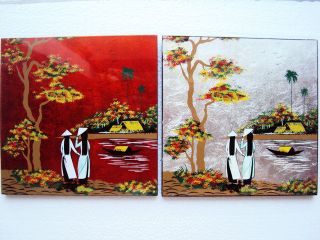 Big Art Lacquer Pictures 20cm  Vietnam Girl on Ao dai  Country River 