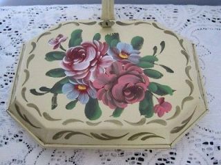   Vanilla Cream Hand Painted Roses Silent Butler Crumb Catcher Tole Tray