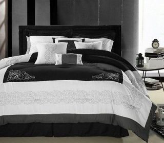   /White Modern Scroll Embroidered Comforter Set Queen King Cal King