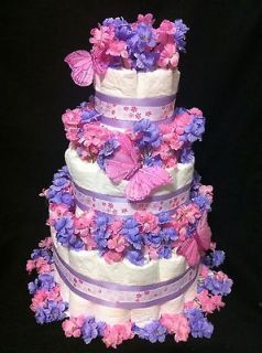 Tier Pink/Lilac Butterfly Diaper Cake Baby Shower Decoration Gift 