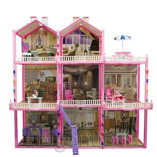   210PC DOLL HOUSE SET 3 STORY 8 ROOMS FITS BARBIE SIZE DOLL DOLLHOUSE