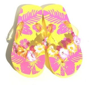 Sandal King Yellow Hawaiian Flowers Women Beach Flip Flops (Retail $42 