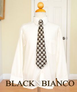 Boys Toddler Kids Ivory Dress Shirt Long Sleeve Sqaured Tie Size 2T 3T 