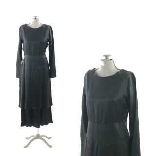   20s Black Rayon SATIN Art Deco Drop Waist FLAPPER Pleated Dress XS