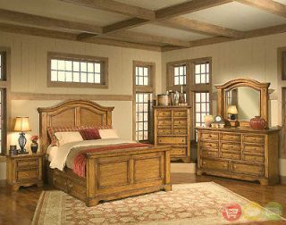 Eagles Nest Queen Rustic Oak Wood 4 Piece Bedroom Furniture Set 