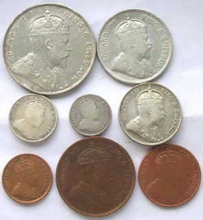Straits Settlements 1902 1910 Edward VII Set of 8 Coins,With 5 Silver 