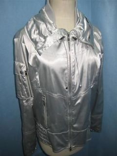 Eileen Fisher Silver Steel Satin V Neck Jacket with Peplum 16 NWT $338