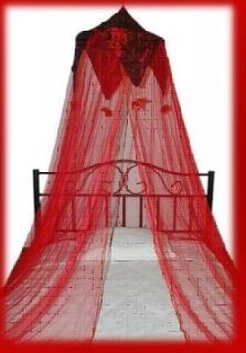 STUNNING BRIGHT RED MOSQUITO NET WITH 4 HANGING RED ELEPHANTS1 SB/DB