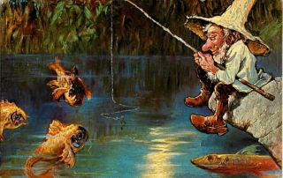 Heinrich Schlitt Artist Signed Fantasy Gnome Fishing Vintage Postcard