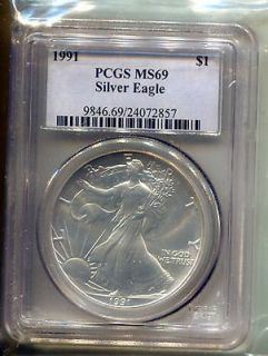 1991 American Silver Eagle Coin PCGS MS69 .999 1 Oz     