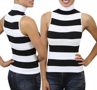 Black White Striped Top Turtleneck Shirt Seamless Style Soft 