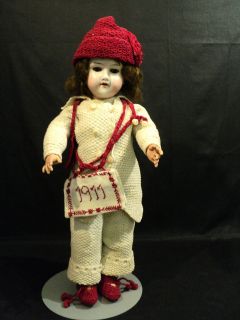 BEAUTIFUL ANTIQUE 17 GERMAN BISQUE HEAD, OPEN MOUTH DOLL, CROCHETED 