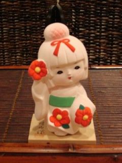 Vivid 5.25 Hakata Ceramic Japanese Geisha Girl Doll with Red Flowers 
