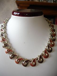 vintage 60s taupe & tan enamel swirls necklace signed Jewelcraft