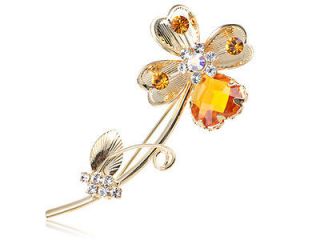   Crystal Elements Lucky Yellow Four Leaf Clover Heart Accent Pin Brooch