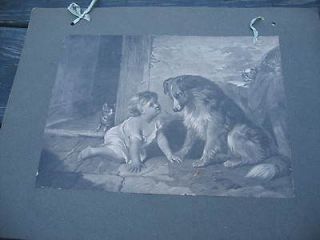 Antique Print Dog and Child Cant You Talk Original Mount Shepherd 