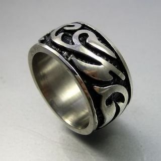   Biker Mens Black Silver Stainless Steel Engraved Bold Ring Size 8