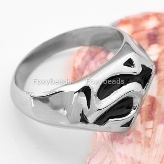 Mens Enamel Black Silver Superman Stainless Steel Ring Cool 1Pc