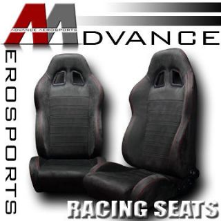   2x Simulated Suede Blk & Red Stitch Reclinable Racing Seats+Sliders 37