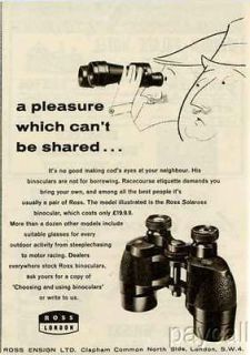 1961 Ad ROSS Solaross Binoculars Ross Ensign Ltd London