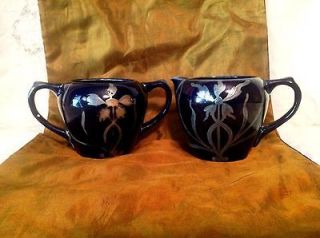 Antique Vtg Art Nouveau Lusterware Cream Creamer & Sugar Bowl Cobalt 
