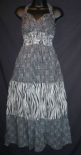 NEW Sexy Exotic Black White Zebra Print & Polka Dots Empire MAXI Dress 