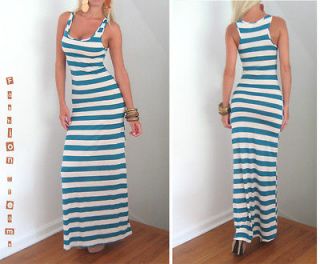 NEW TEAL WHITE STRIPES LONG FLOOR LENGTH TANK TOP LONG FITTED KNIT 