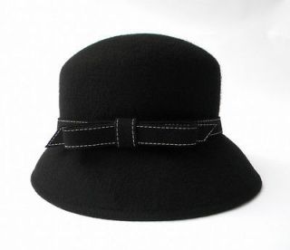 Cute Bow Black Felt Wool Hat Formal Wedding Church Woman Vintage 