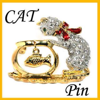 Sparkling Crystals Kitty Cat & Fish Pin Brooch