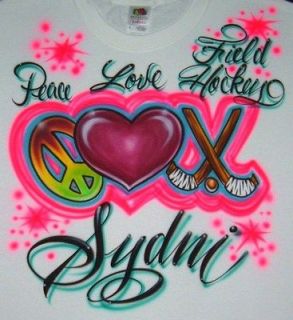 Airbrush Peace Love Field Hockey With Personalized Name T shirt