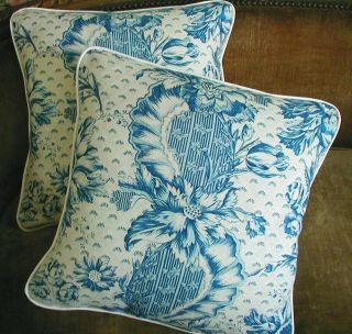 Brunschwig Fils Linen Fabric Decorator Throw Pillows Blue Pair New Set 