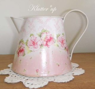 Chic Victorian Vintage Shabby TIN/METAL PITCHER VASE Pink Roses 5 
