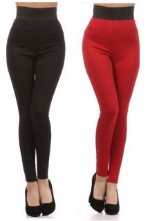 New Womens Banded High Waist Ponte Fashion Leggings ~Black and Red 