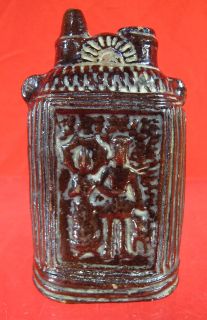   1800S Gorgeous Redware Pottery Figural Flask Man/Woman Parasol yqz