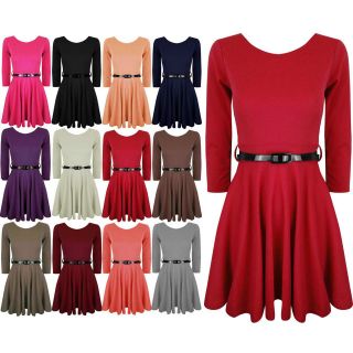 Womens Skater Dress Belted 3/4 Sleeves Short MINI Party Dresses Top 8 