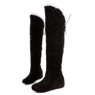 Womens Black Faux Furs Flat Low Heel Over Knee Snow Boots Warm Shoes 