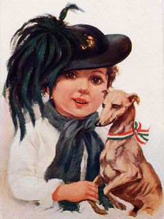 ITALIAN GREYHOUND GIRL IN FEATHERED HAT DOG PRINT 8 x 10 MOUNTED READY 
