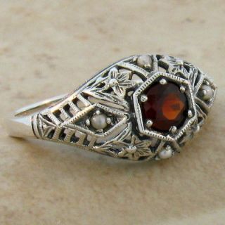 ANTIQUE STYLE NATURAL GARNET SEED PEARL .925 SILVER FILIGREE RING SIZE 