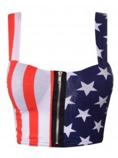 US Flag Print Zip Front Padded Bralet Crop Top  Clothing