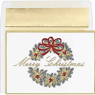 Wreath Holiday Cards with White Gold Foil Envelopes  