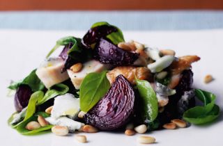 Roast chicken breast beetroot and pine nuts with a warm spinach salad 