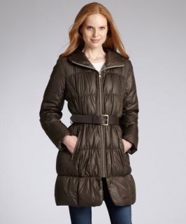 Andrew Marc walnut quilted down filled belted hooded coat