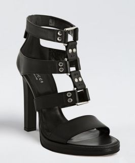 Gucci black leather strappy studded zip back sandals