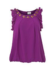Purple (Purple) Sienna Purple Ruffle Sleeve Embellished Top 