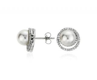 Freshwater Cultured Pearl and Diamond Swirl Earrings in 14k White Gold 