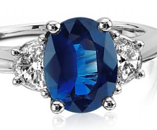 Sapphire and Half Moon Shaped Diamond Ring in Platinum (9x7mm)  Blue 
