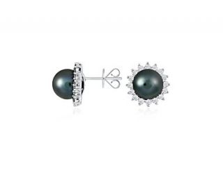 Tahitian Cultured Pearl and Diamond Halo Earrings in 18k White Gold (5 