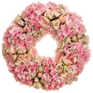 Poly silk wreath. Pink and light pink hydrangeas and roses. 18 round.